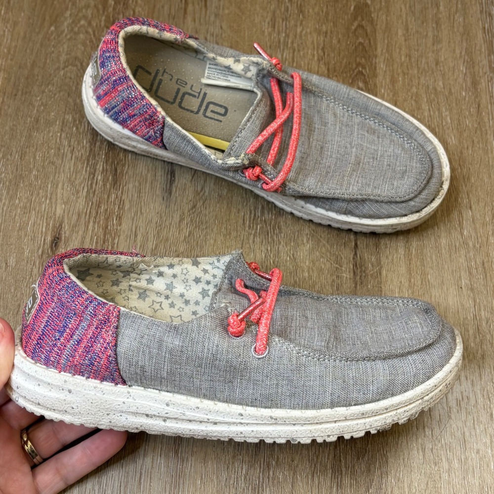 Hey Dude Wendy Youth Grey Pink Knit Slip On Loafers Shoes K13 EU 32 130123026